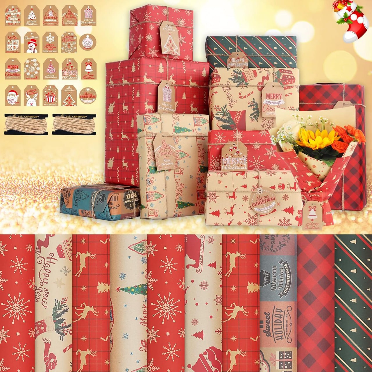 Geschenkpapier für Kinder - 10 Stück Weihnachtspapier mit Anhängern und Juteschnur, rot für Mädchen und Jungen. #Geschenkverpackung #Weihnachten #Kinder #Geschenkpapier #Weihnachten #Geschenk #Schnäppchen - Jetzt bei Amazon kaufen!