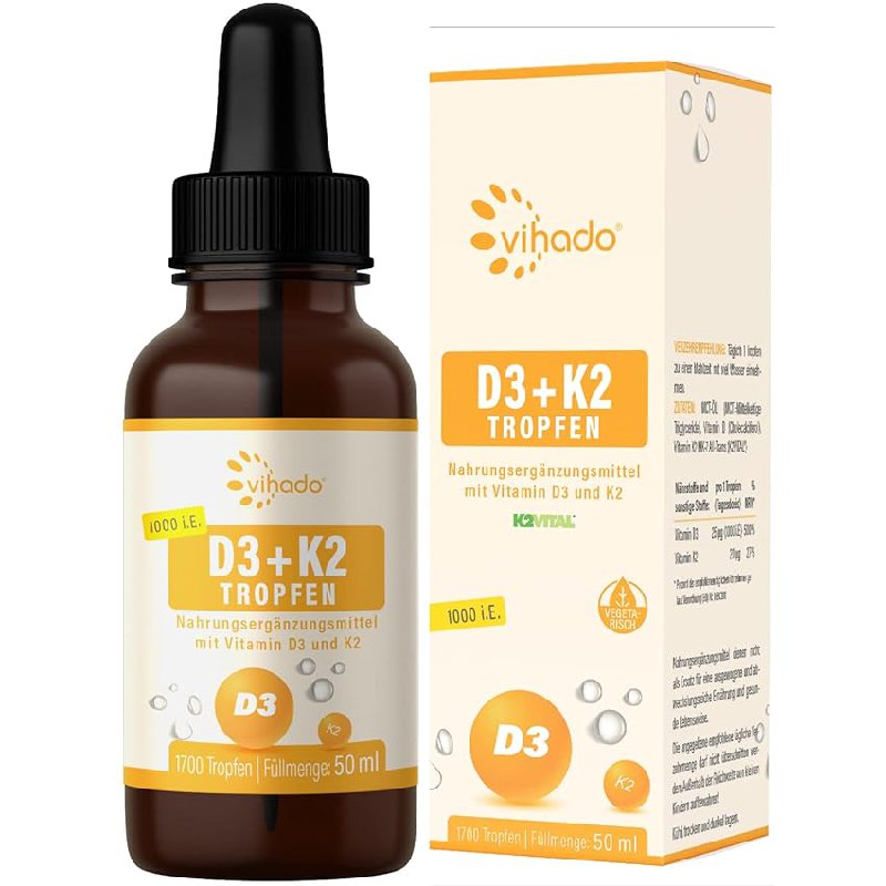 Hochdosierte Vihado Vitamin D3 K2 Tropfen, maximal bioverfügbar. Nur 14,19€ statt 23,90€ - 41 SPAREN. #Vihado #VitaminD3 #K2 #Gesundheit #Deutschland #Geschenk #Angebot - Jetzt bei Amazon kaufen!