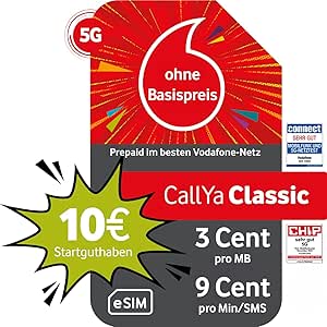 Vodafone Prepaid CallYa Classic eSIM mit 10 EUR Startguthaben für 5G-Netz, ohne Vertrag. 9 Ct. pro Min/SMS. #Vodafone #Prepaid #eSIM #MobileCommunication #Deutschland #Geschenk #Rabatt - Jetzt bei Amazon kaufen!