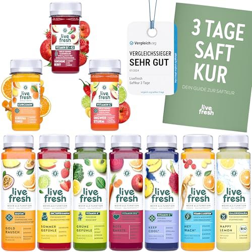 3-tägige LiveFresh Saftkur ohne Zuckerzusatz mit 21 Säften (250ml) und 9 Shots (60ml). Kaltpressung, vegan und inkl. Tipps. #LiveFresh #Saftkur #VeganeKur #HealthyLiving #Weihnachten #Geschenk #Angebot - Jetzt bei Amazon kaufen!