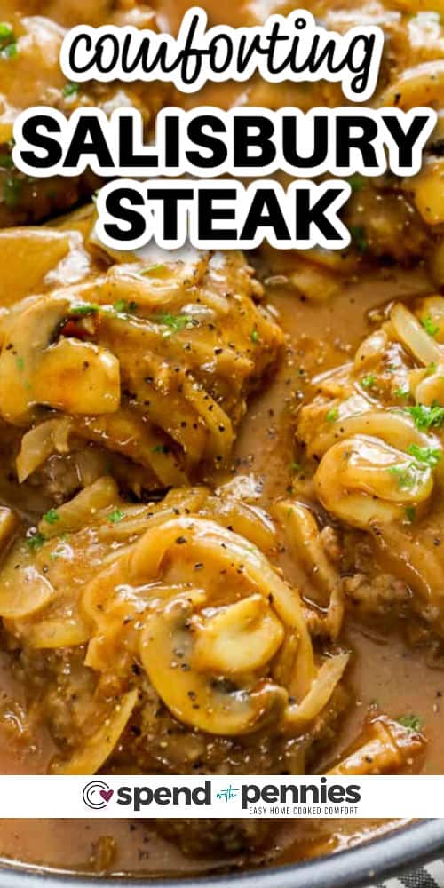 Mushroom salisbury steak prepared in a pan with text