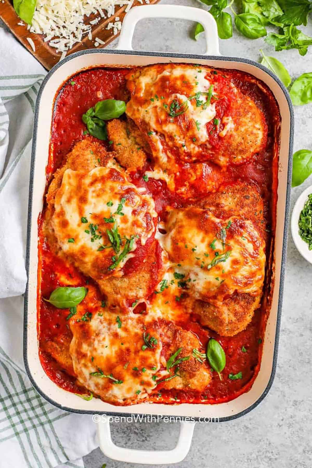 Chicken Parmesan baked in the dish