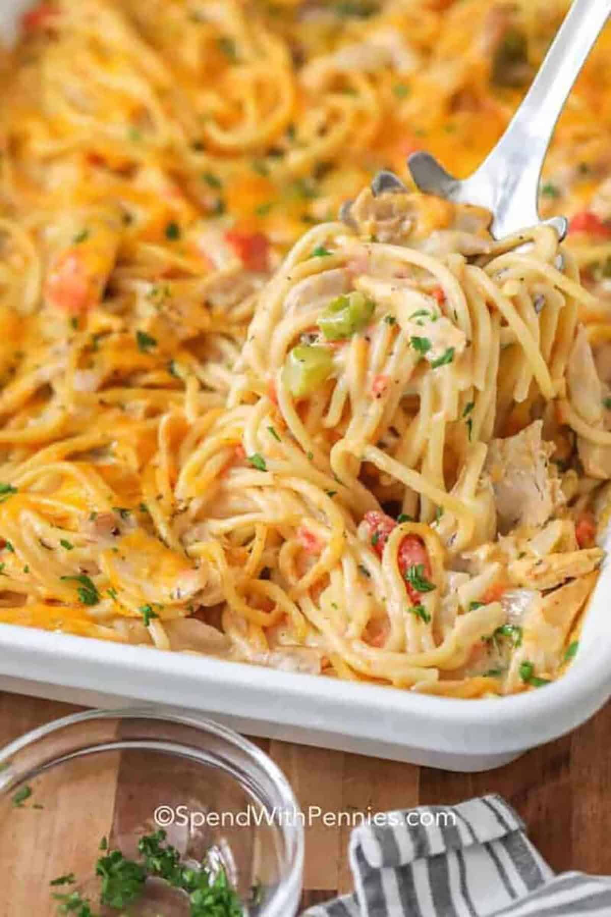 Chicken Spaghetti in the dish and on a spoon