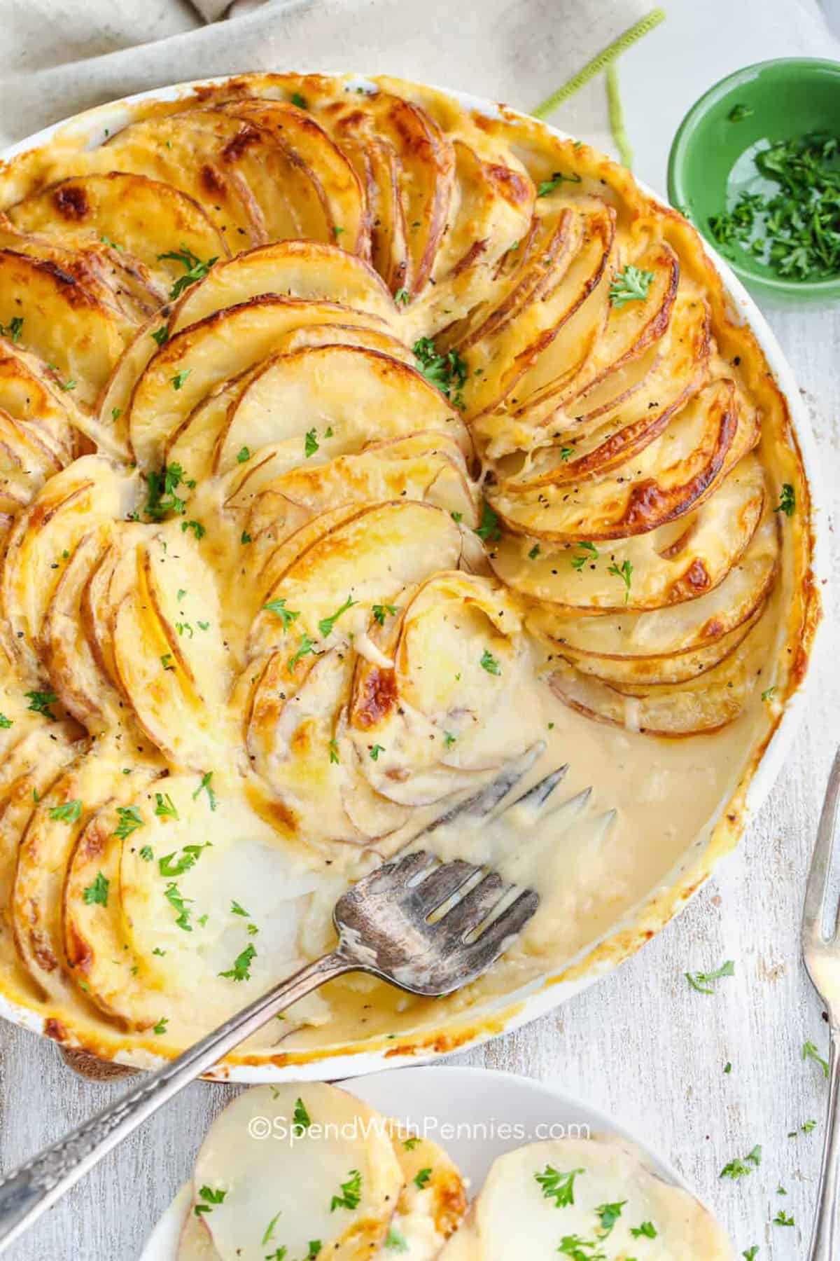 creamy Potatoes Au Gratin on a plate with a fork