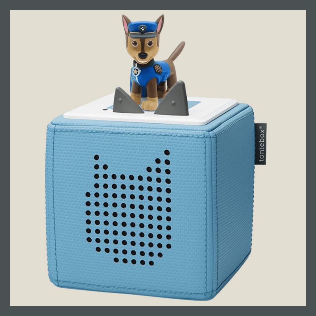 Blue Toniebox with Chase figure on top from Paw Patrol