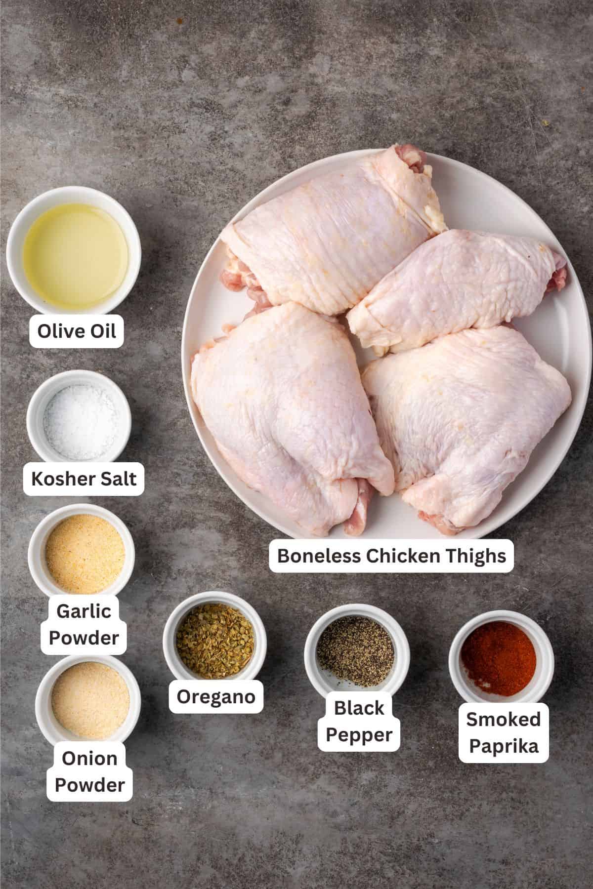 Ingredients for air fryer chicken thighs with text labels overlaying each ingredient.