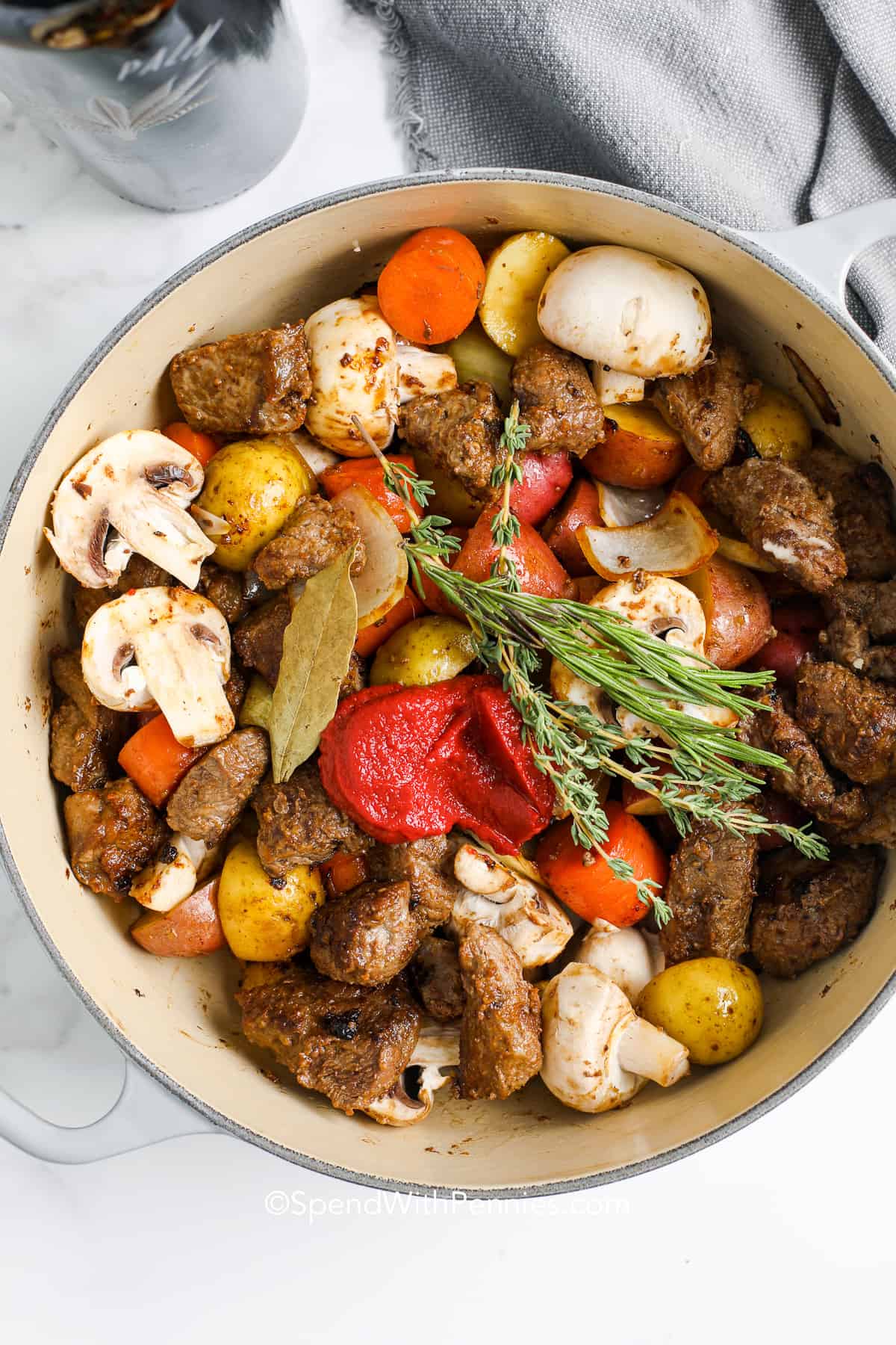 ingredients to make Beef Bourguignon in a pan