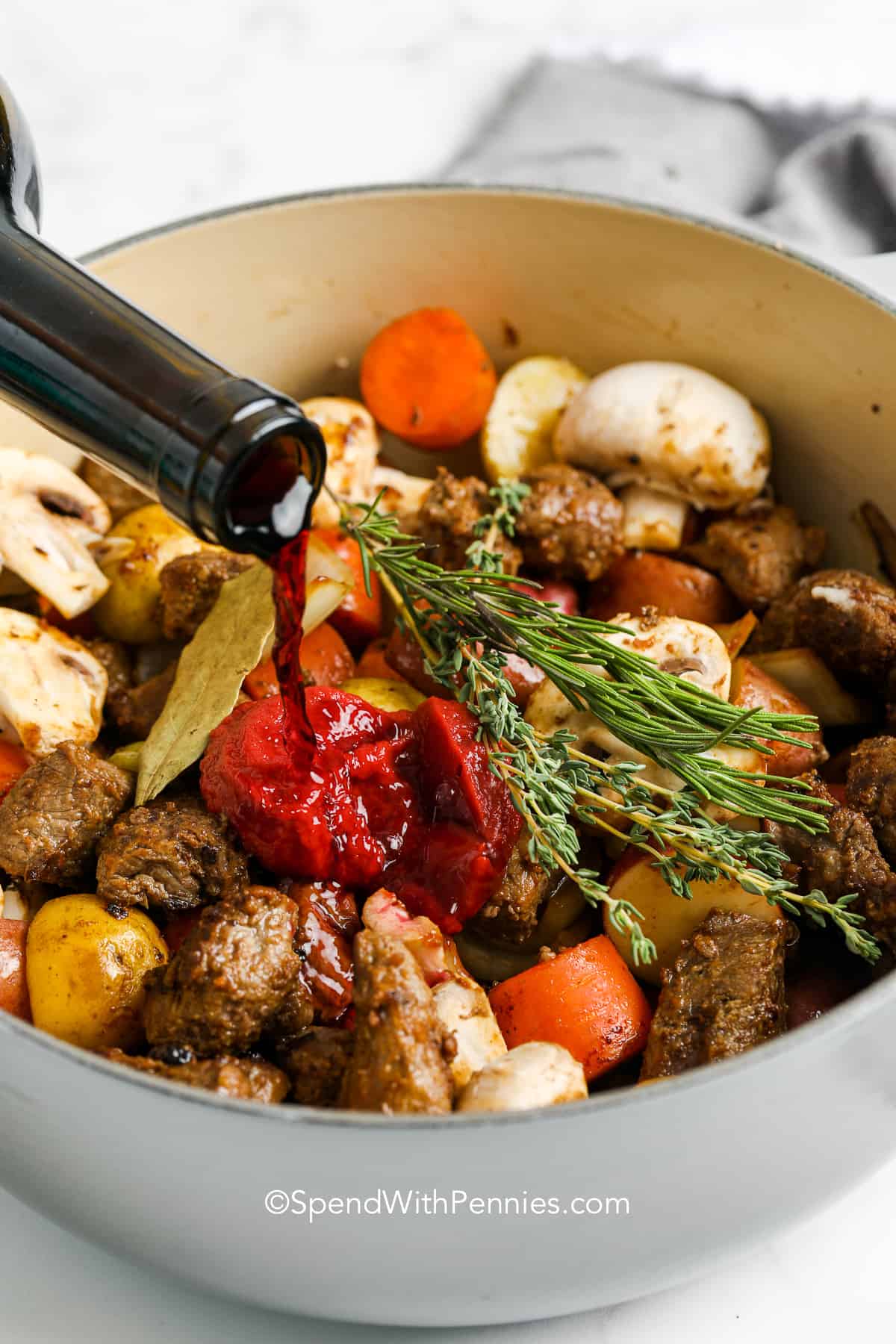 Adding wine to Beef Bourguignon