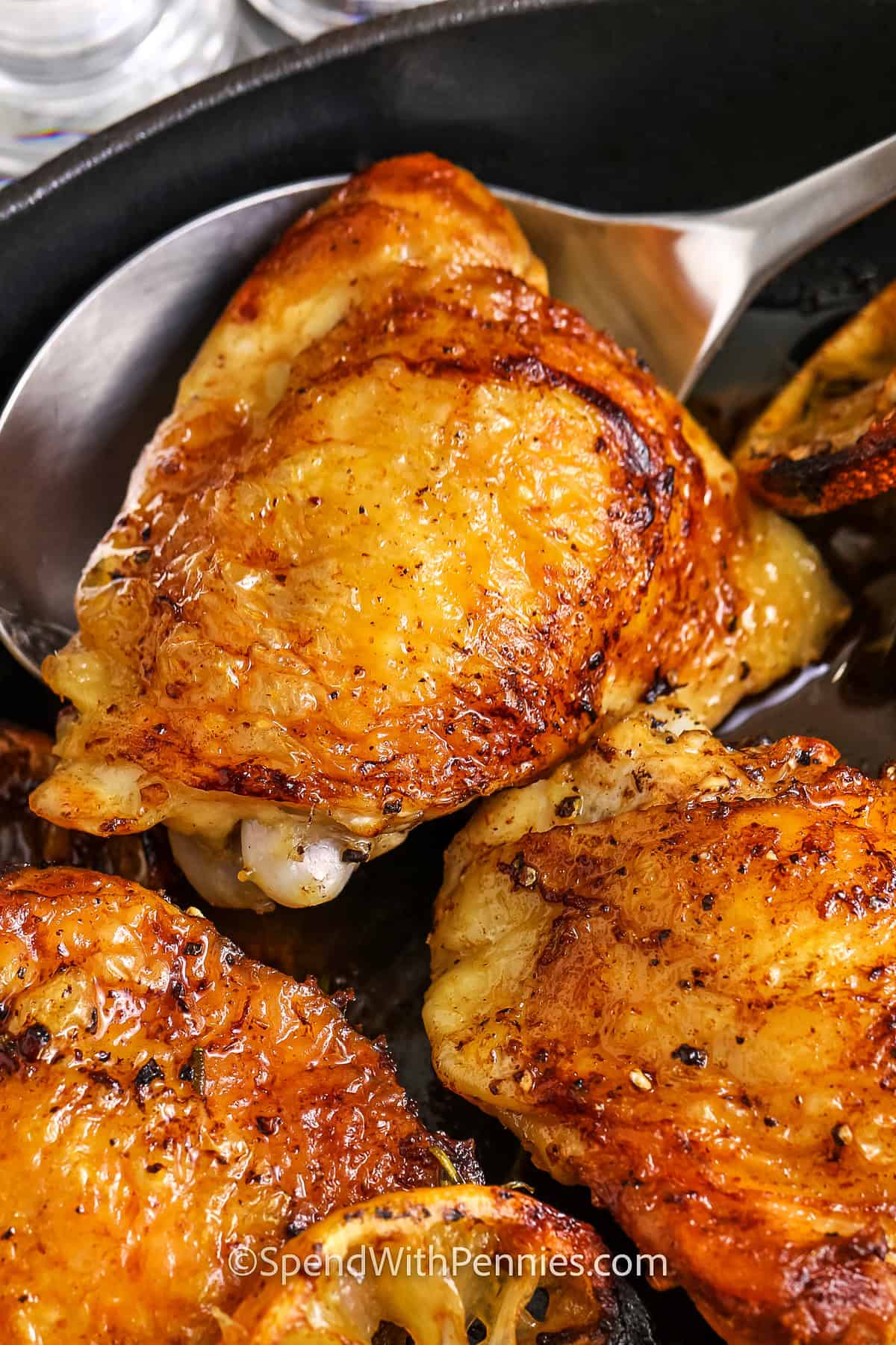 close up of Skillet Chicken Thighs