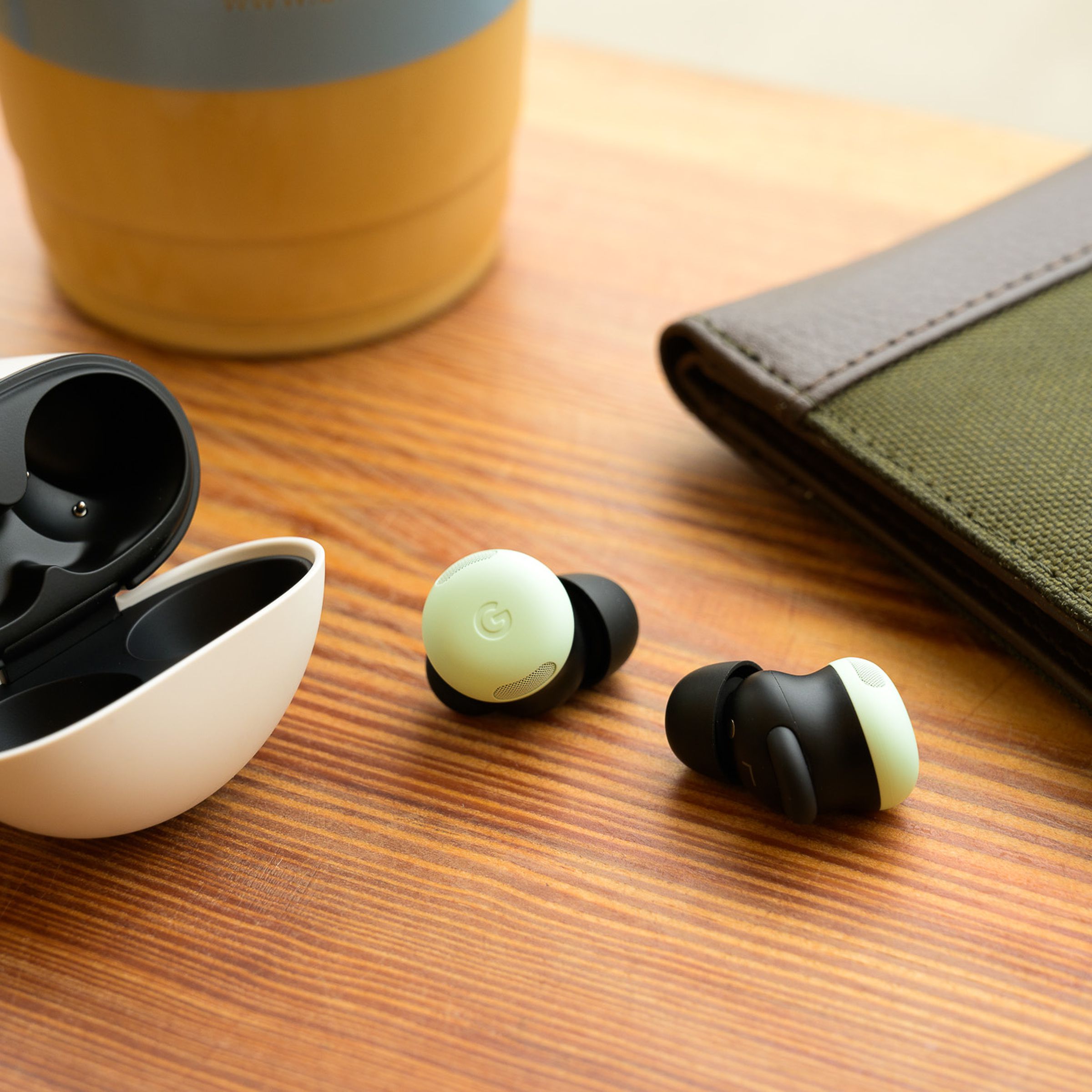 A hands-on photo of Google’s Pixel Buds Pro 2 earbuds.