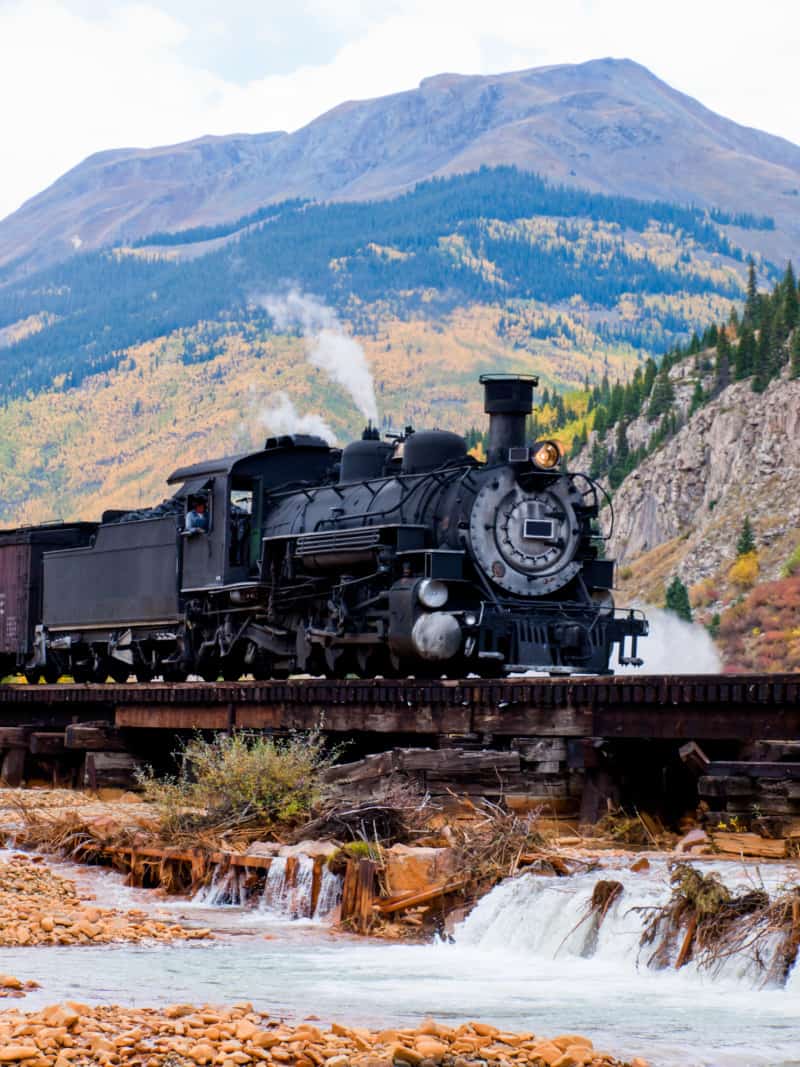 Steam locomotive engine. This train is in daily operation on the narrow gauge railroad between Durango and Silverton, CO