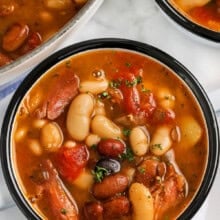 top view of ham and bean soup in a bowl