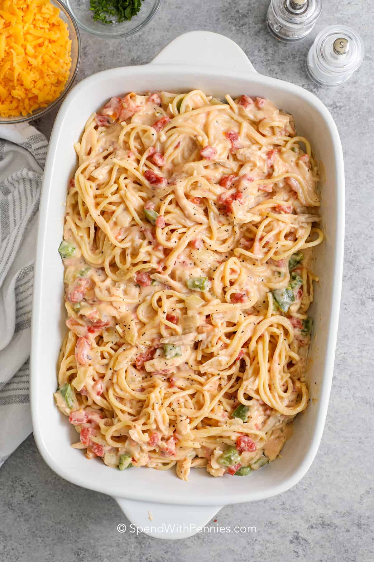 chicken spaghetti in a baking dish