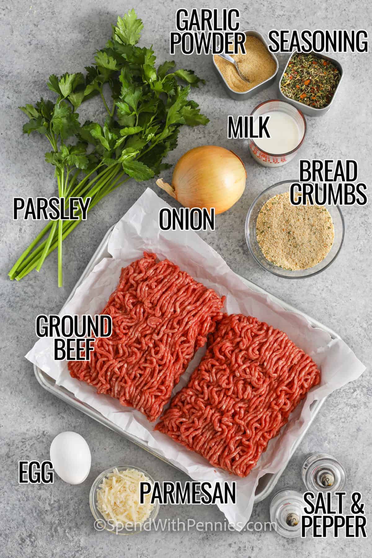 labeled ingredients for easy meatball recipe