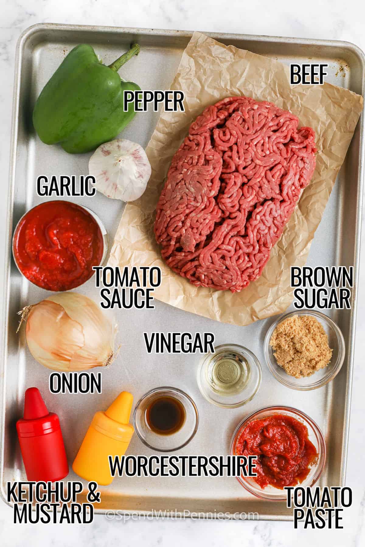 Ingredients for sloppy joes on a pan