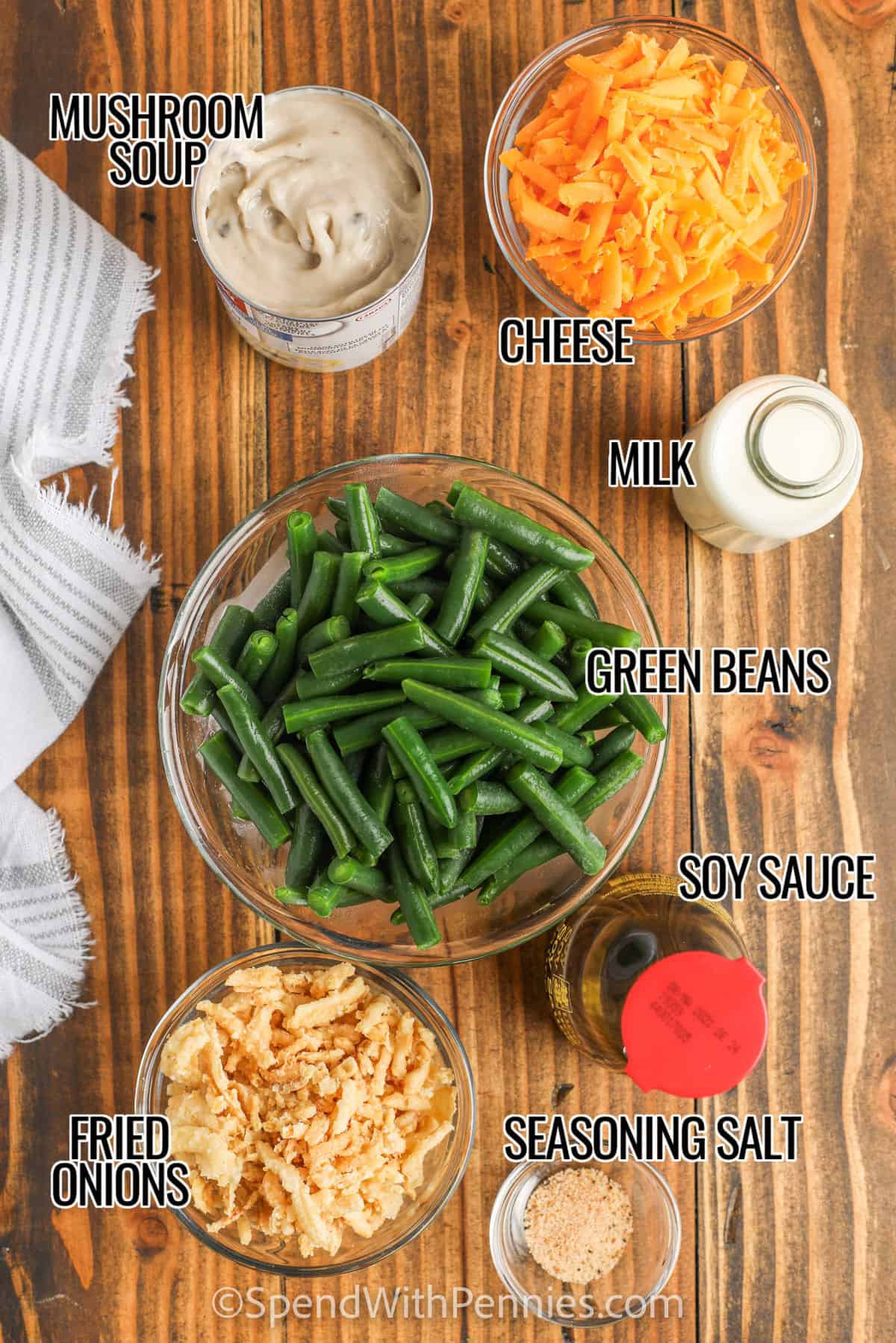 Green Bean Casserole ingredients in bowls with labels