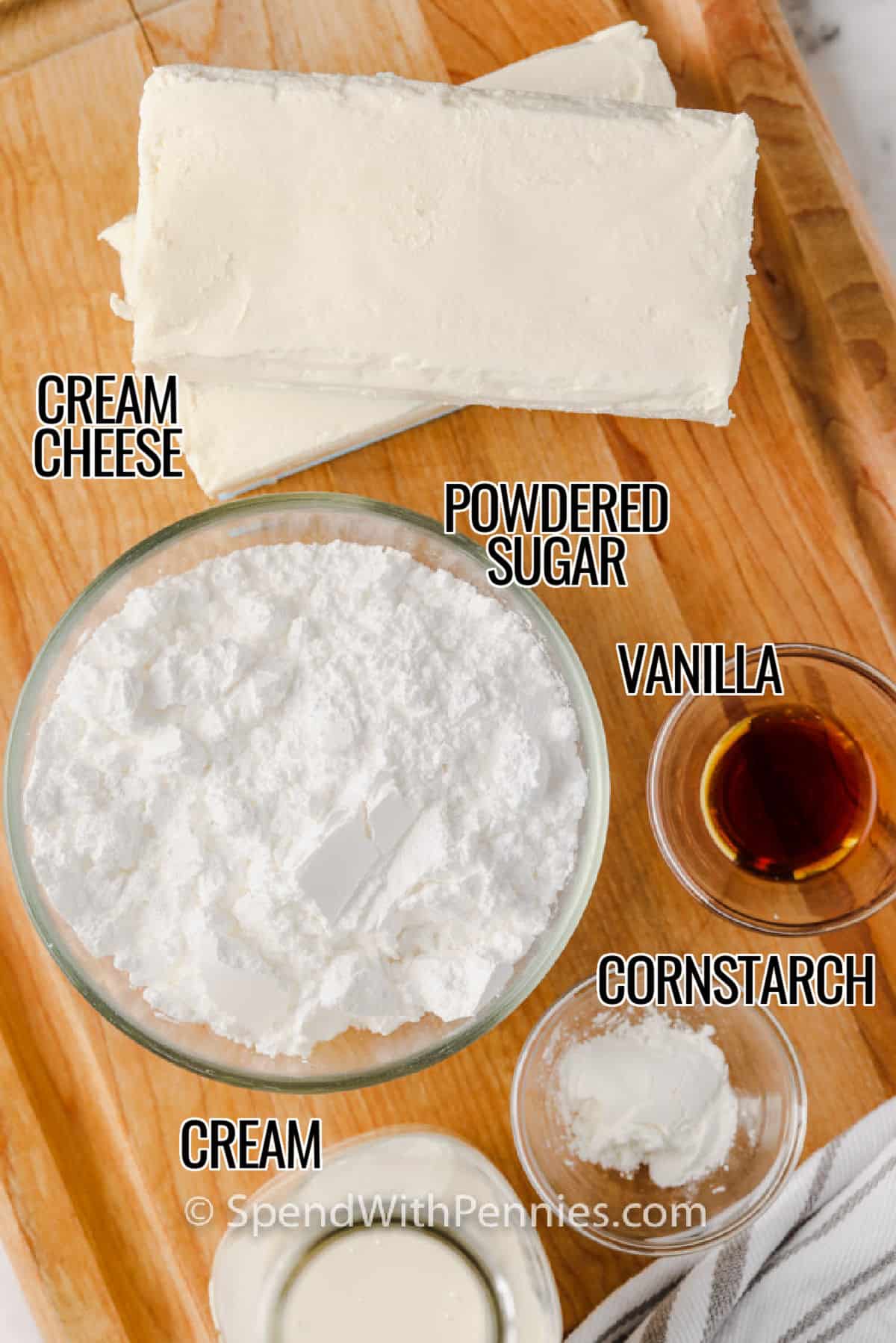 cream cheese , powdered sugar , vanilla , cream and cornstarch to make No Bake Cheesecake with labels