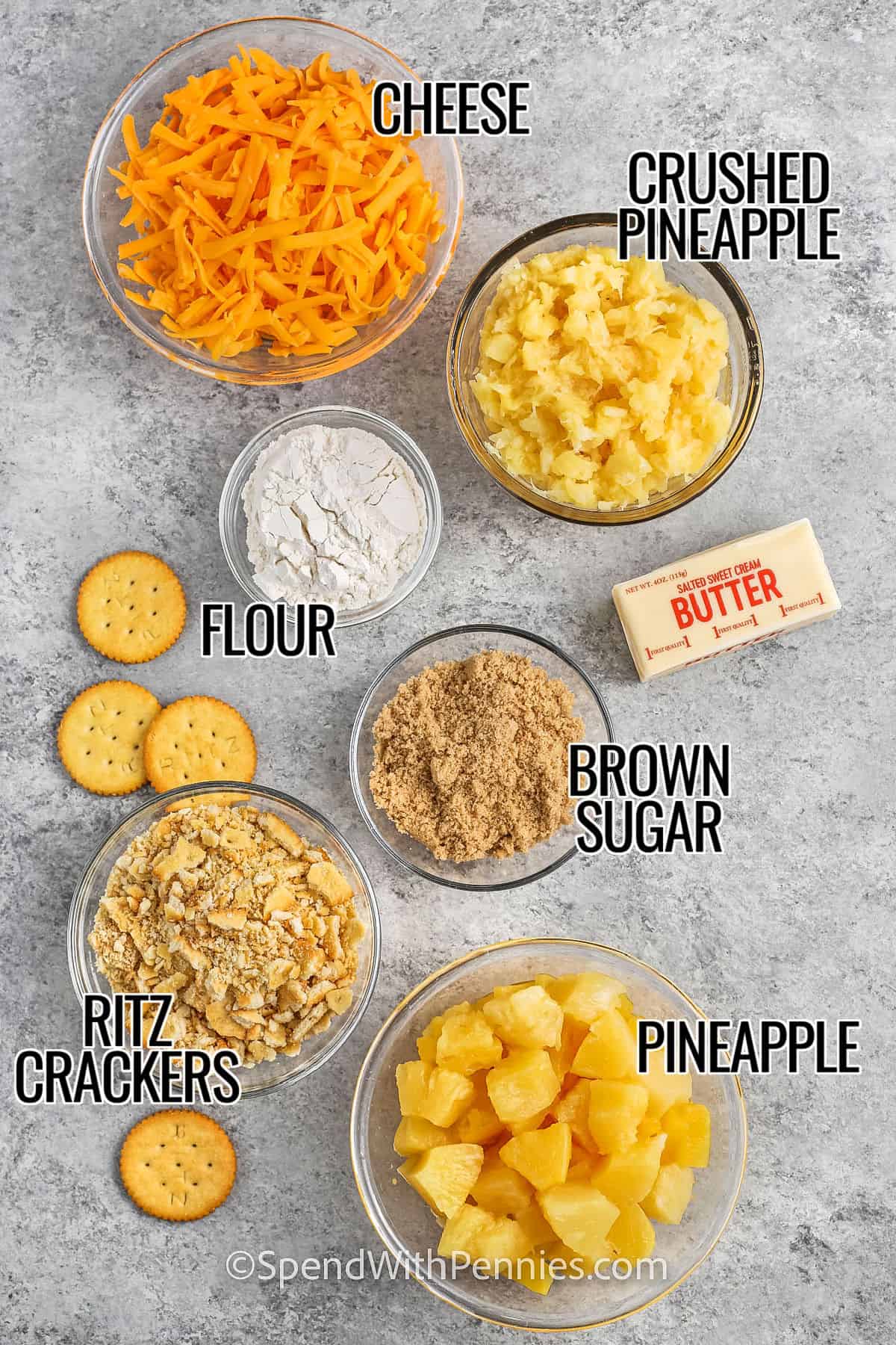 cheese , crushed pineapple , flour , brown sugar , butter , ritz crackers , pineapple with labels to make Pineapple Casserole