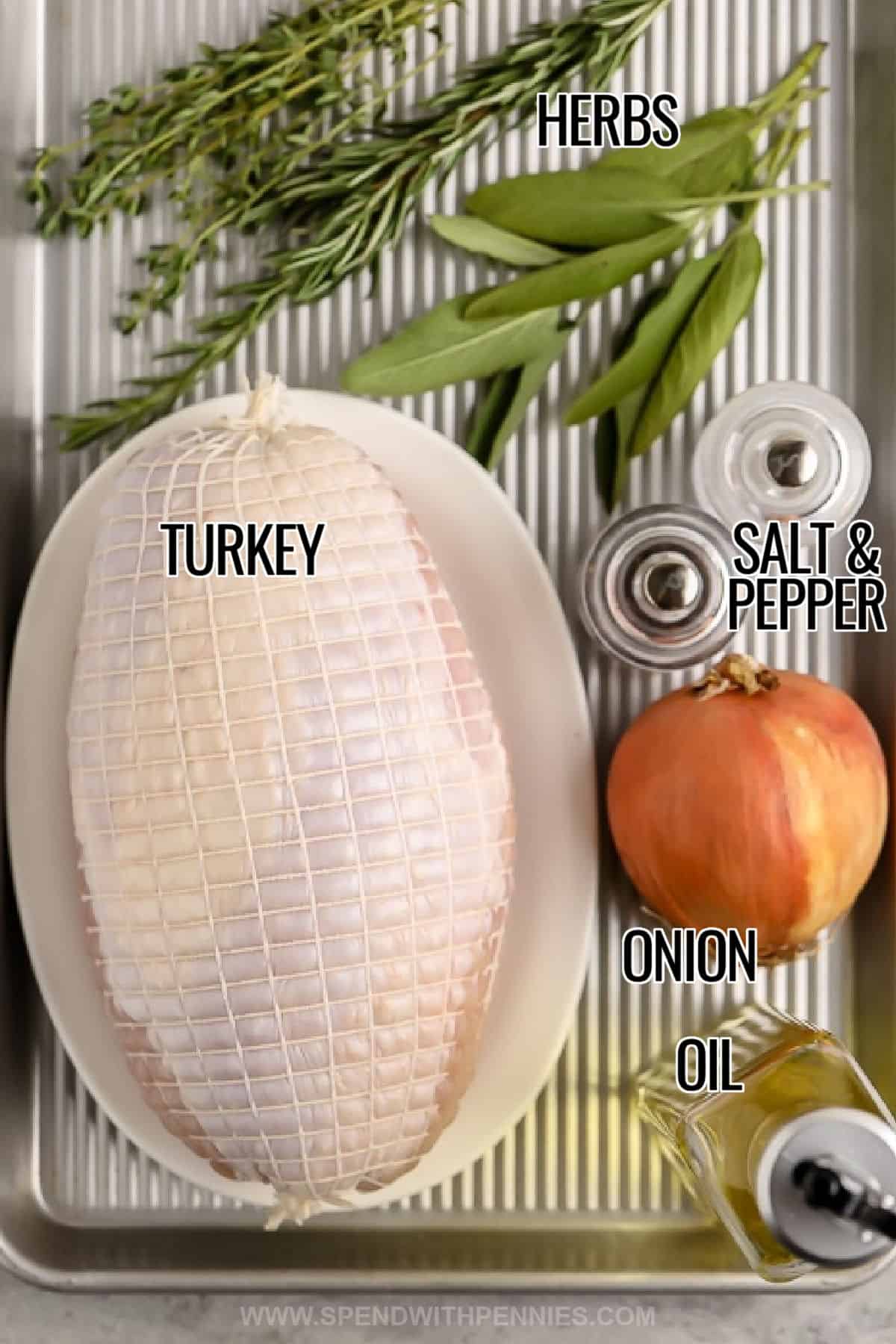 turkey , onion , oil , fresh herbs , salt and pepper with labels to make Roast Turkey Breast