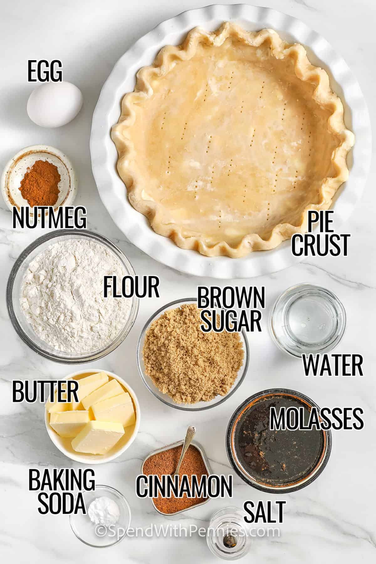 egg , nutmeg , brown sugar , pie crust , water , molasses , salt , cinnamon , baking soda , butter , flour with labels to make Shoofly Pie