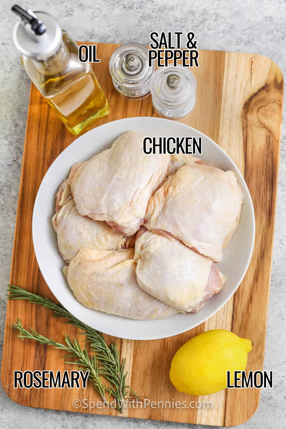 oil , chicken , rosemary , lemon , salt and pepper with labels to make Skillet Chicken Thighs