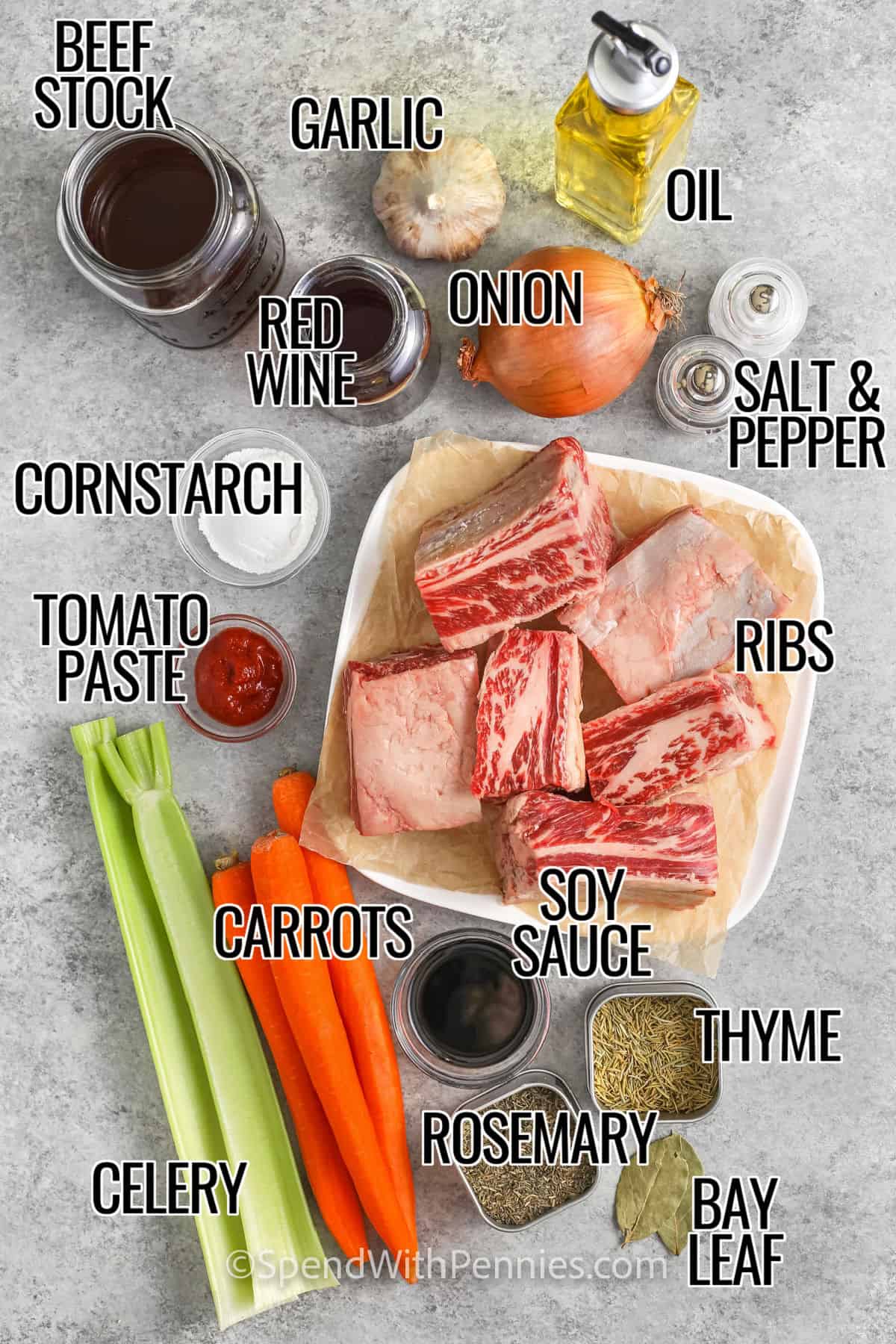 beef stock, garlic, red wine, onion, oil, salt and pepper, cornstarch , tomato paste , ribs , soy sauce , thyme , bay leaf , rosemary , carrots and celery with labels to make Slow Cooker Short Ribs