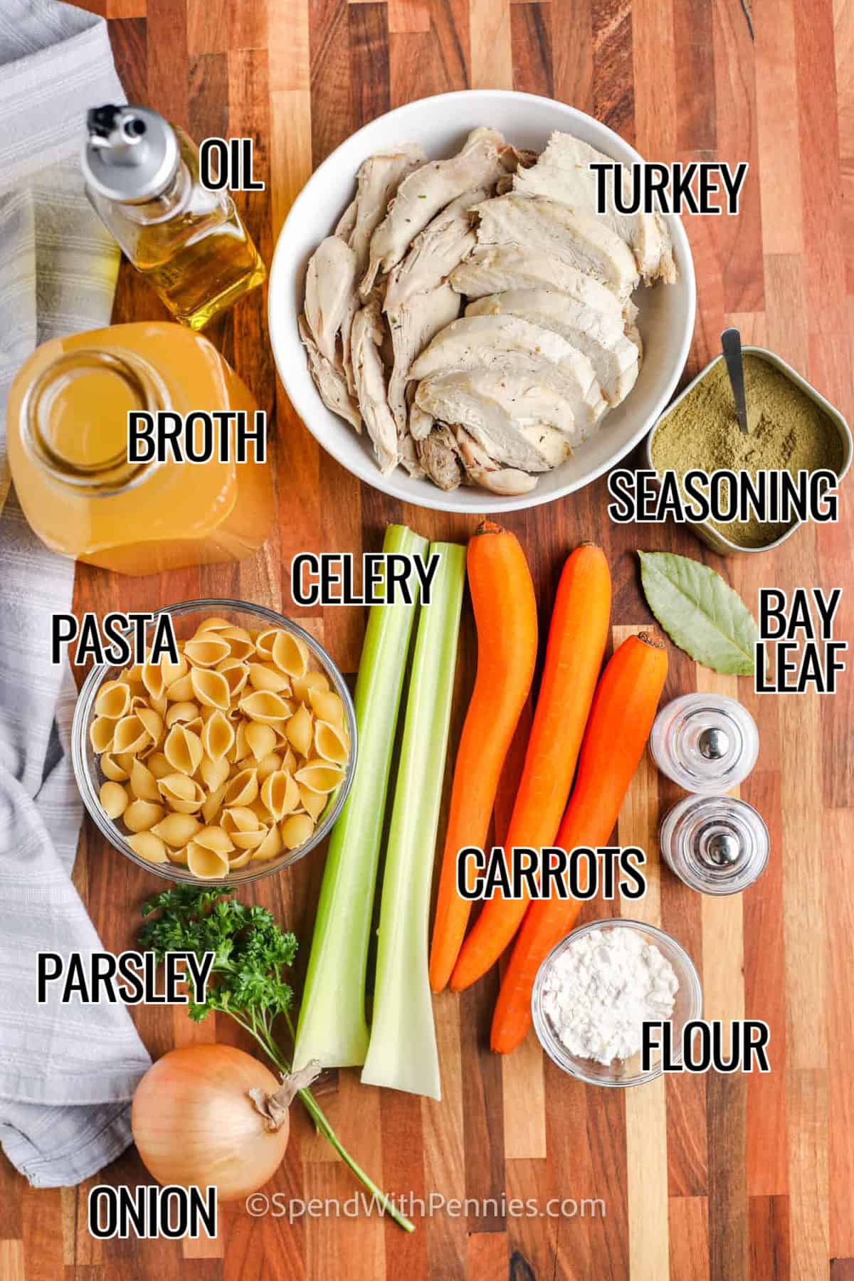 oil , broth , turkey , seasoning , celery , pasta , carrots , flour , parsley , onion , bay leaf , seasoning with labels to make Turkey Soup Recipe