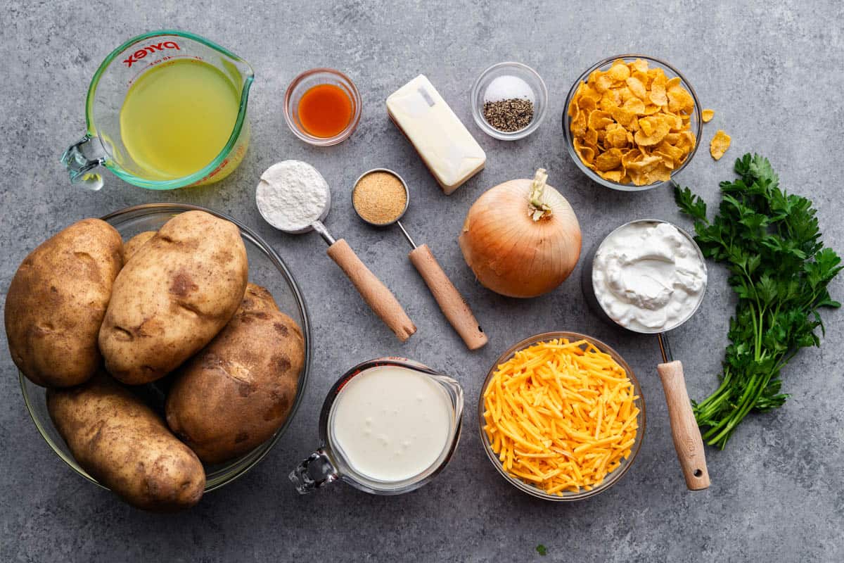 An overhead view of the ingredients needed to make funeral potatoes.