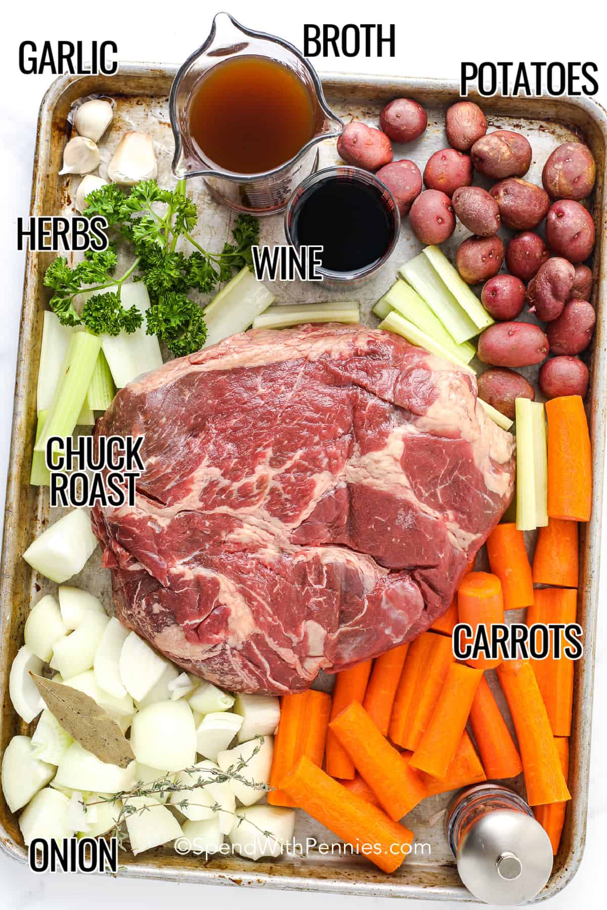 ingredients to make a pot roast on a sheet pan