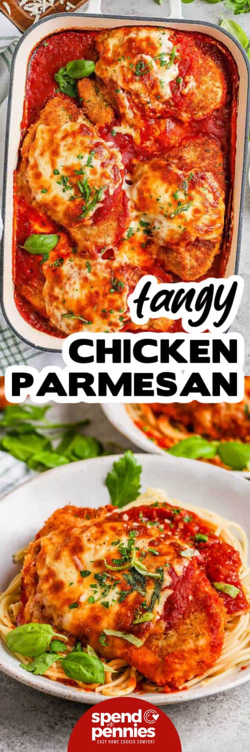 Chicken Parmesan in the casserole dish and plated with a title