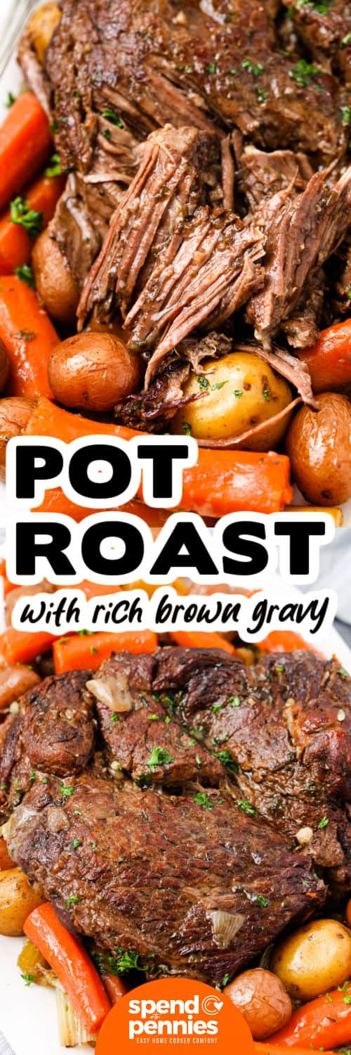 plated Pot Roast Recipe and close up photo with a title