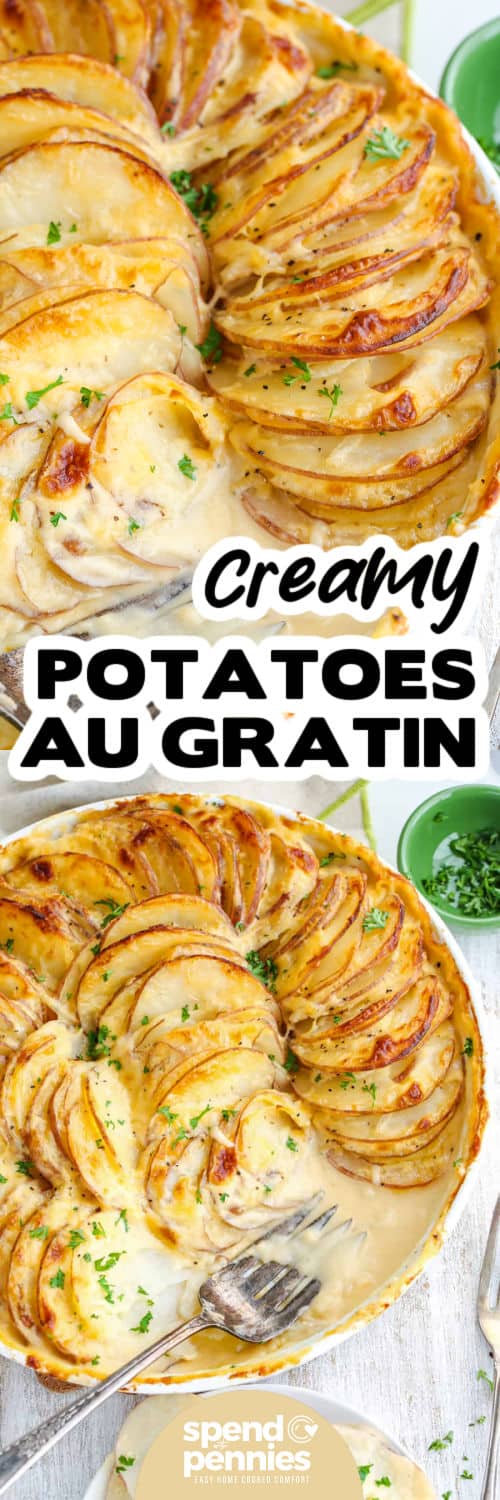 Potatoes Au Gratin on a plate and close up with a title