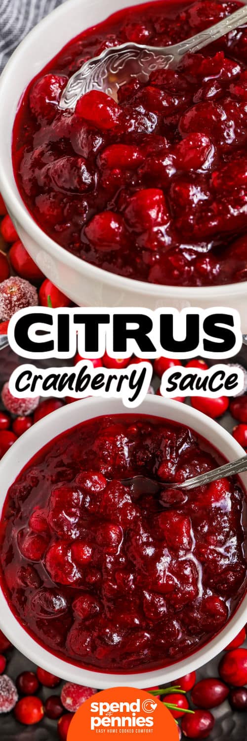 plated Quick Citrus Cranberry Sauce with a spoon and close up photo with a title