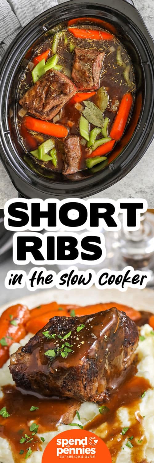 Slow Cooker Short Ribs in the pot and plated with a title