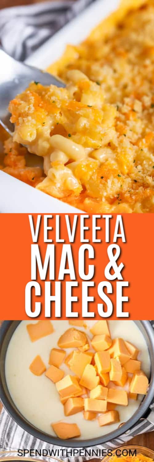 Velveeta cheese on a plate and Velveeta Mac & Cheese in a white dish with writing