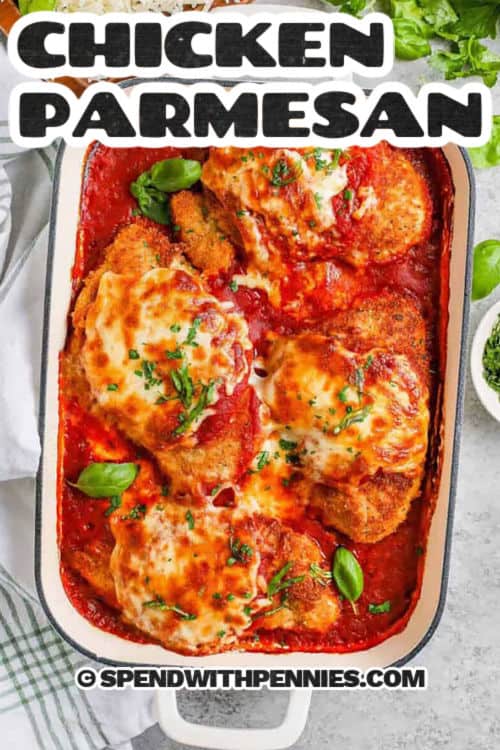 casserole dish of Chicken Parmesan with a title