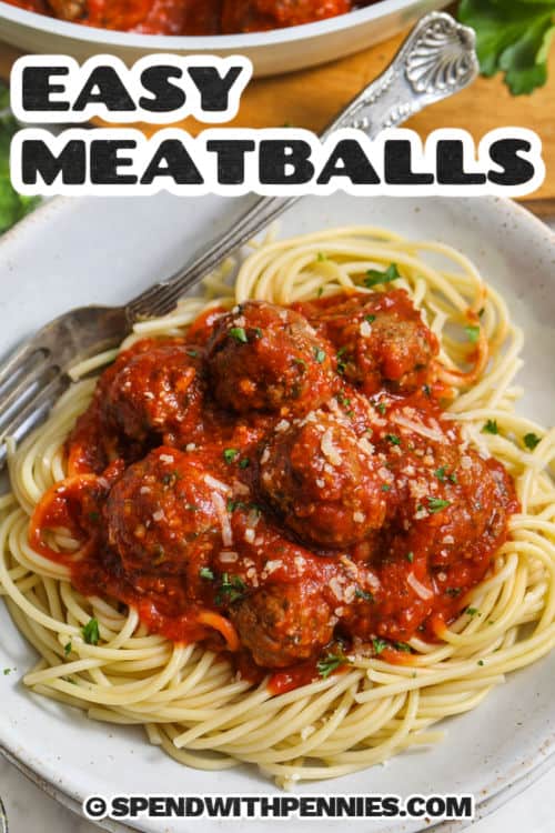 plated Easy Meatball Recipe with a fork