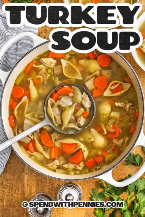 pot of Turkey Soup Recipe with a title