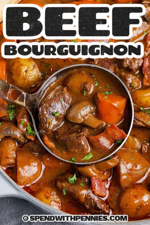 taking a ladle full of Beef Bourguignon out of the pot with a title