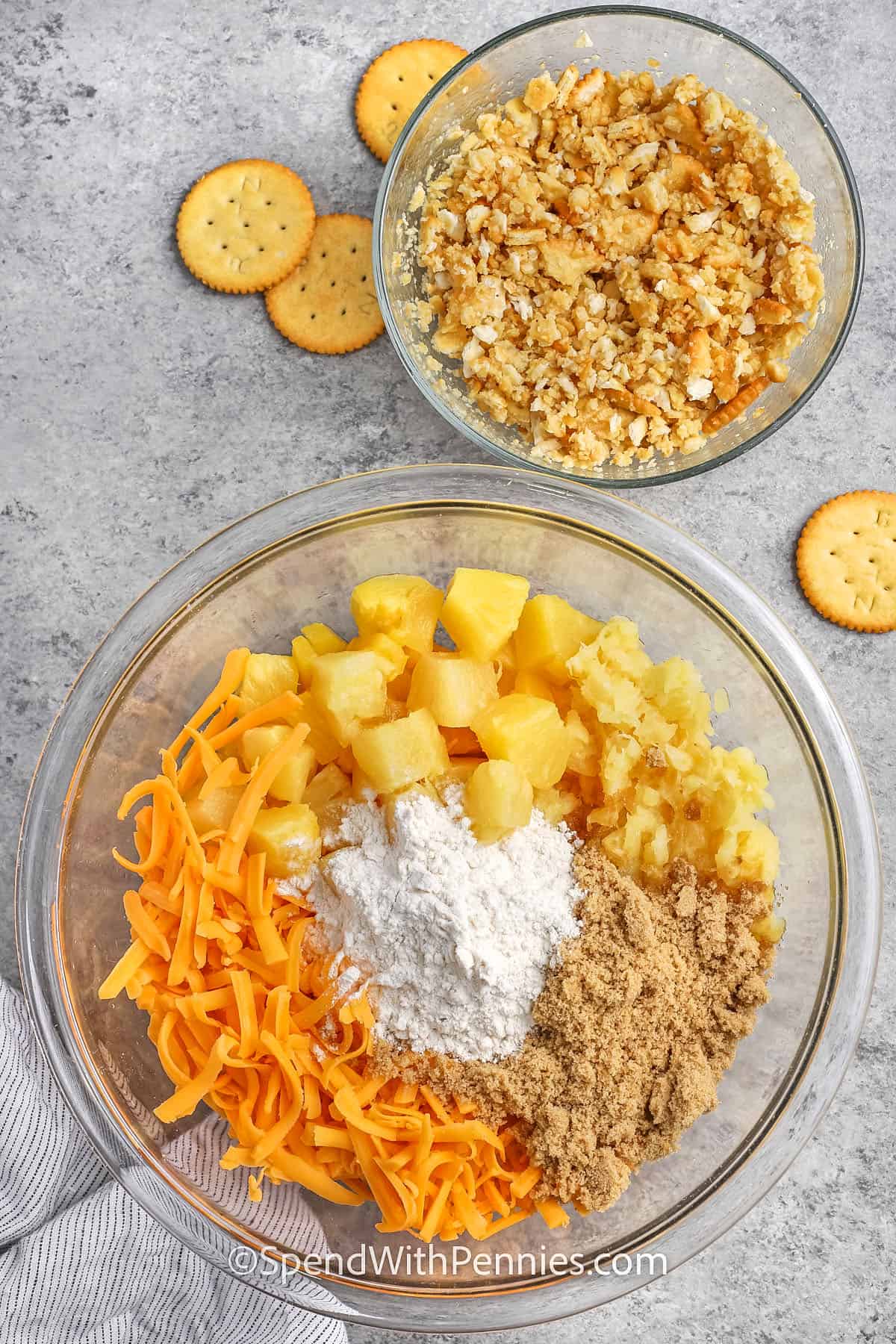 adding ingredients together to make Pineapple Casserole