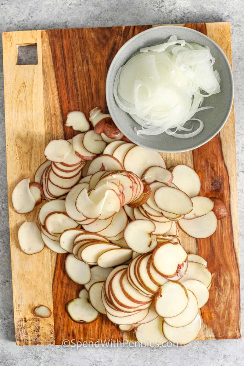 Sliced potatoes and onions for potatoes au gratin