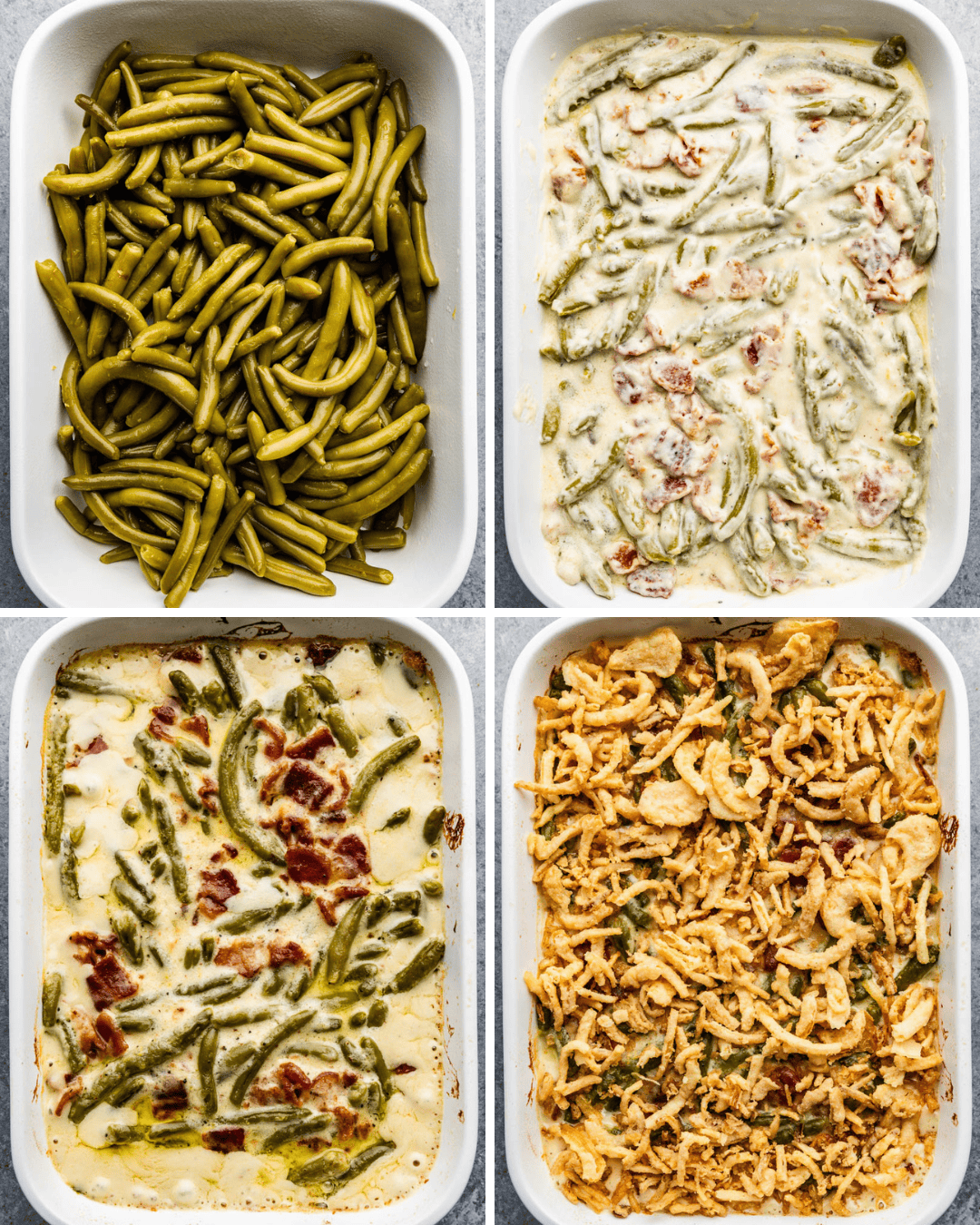 A collage of four images showing the steps to making homemade green bean casserole with no cream of mushroom soup.