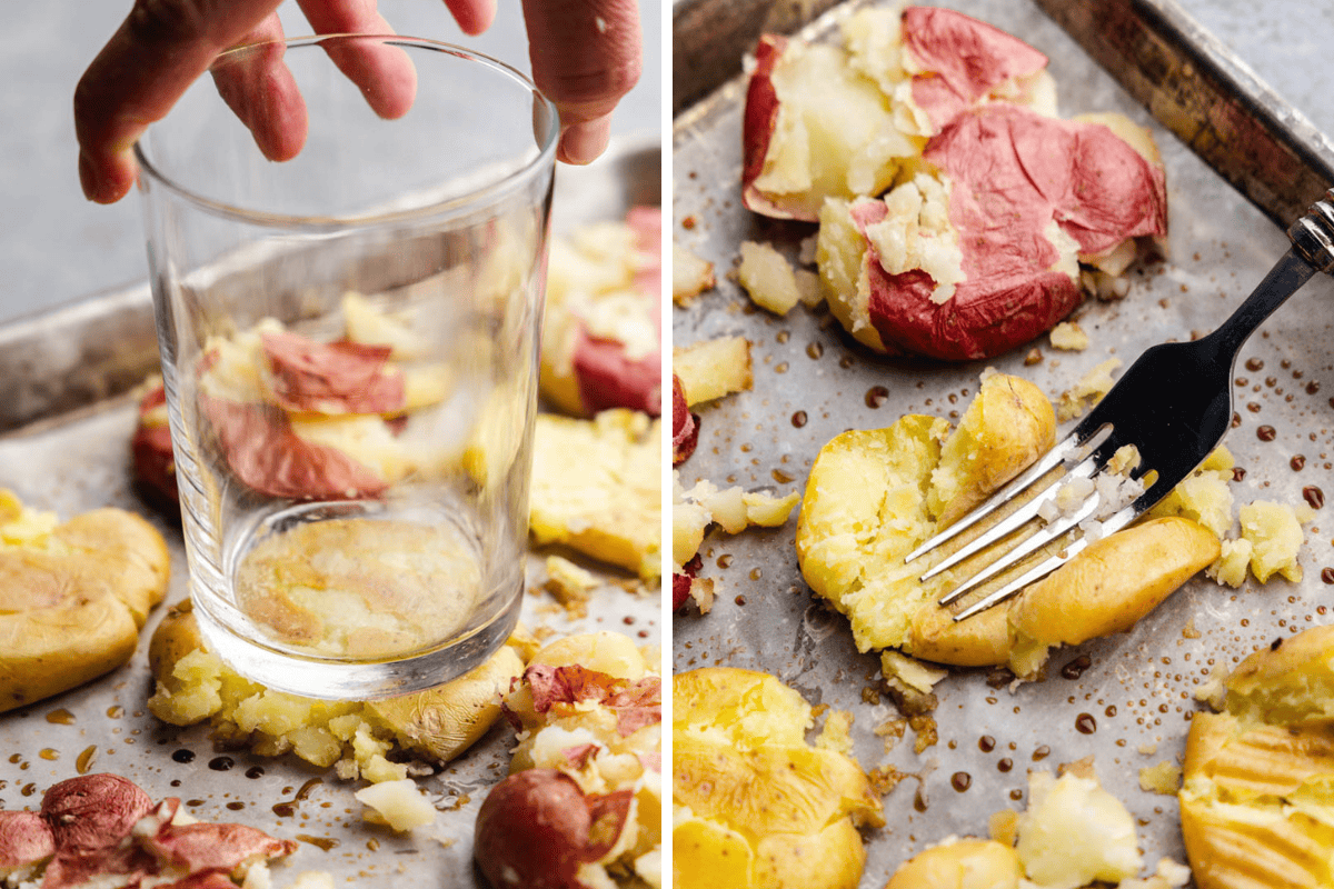 A side by side image showing different ways to smash the potatoes, one using the bottom of a glass and the other using a fork.