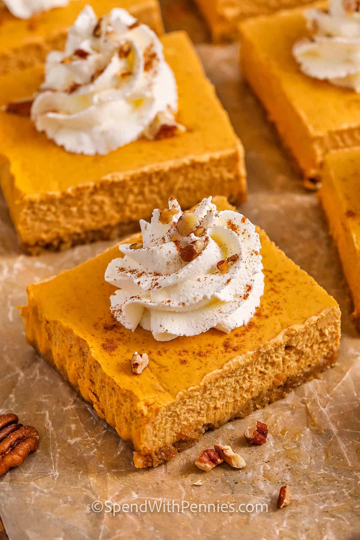 Pumpkin Cheesecake Bars with whipped cream