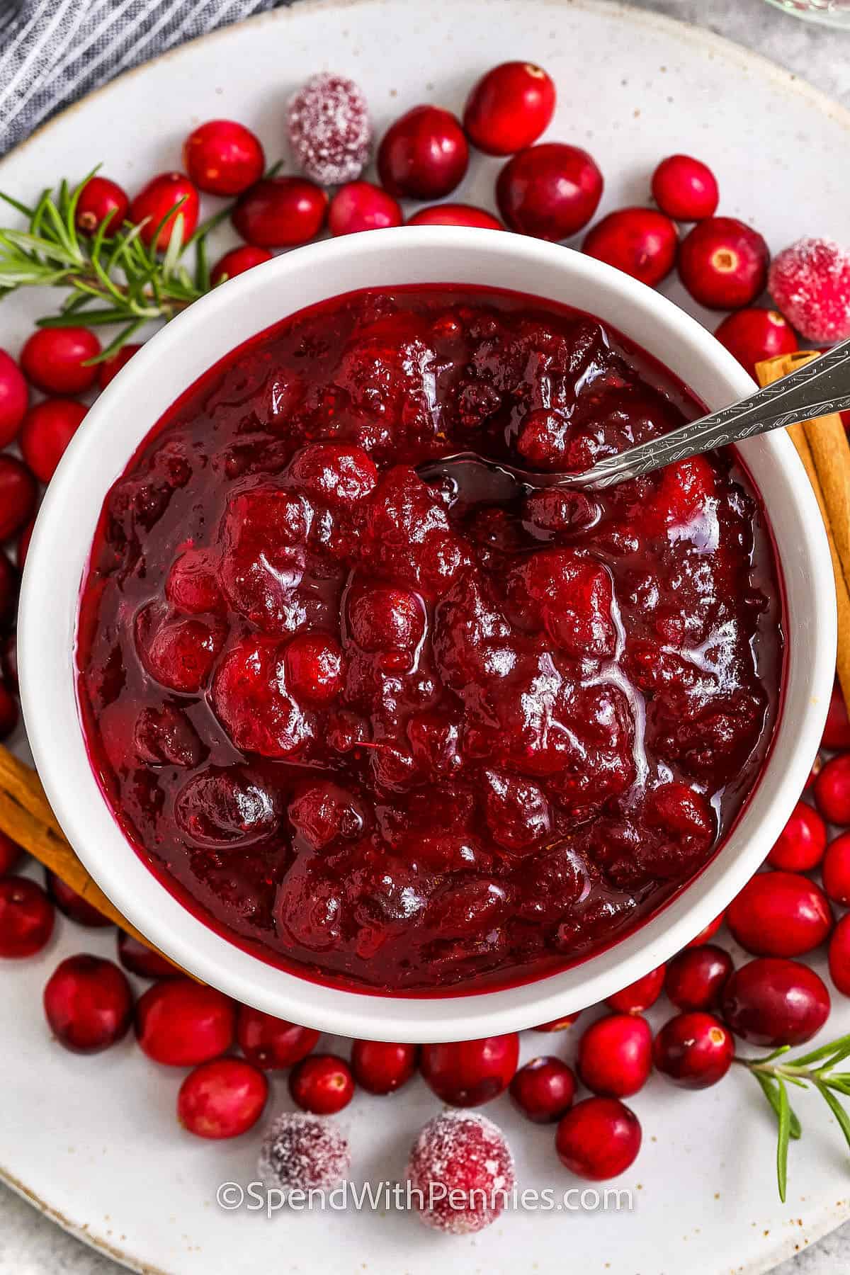 plated Quick Citrus Cranberry Sauce with cranberries and cinnamon sticks