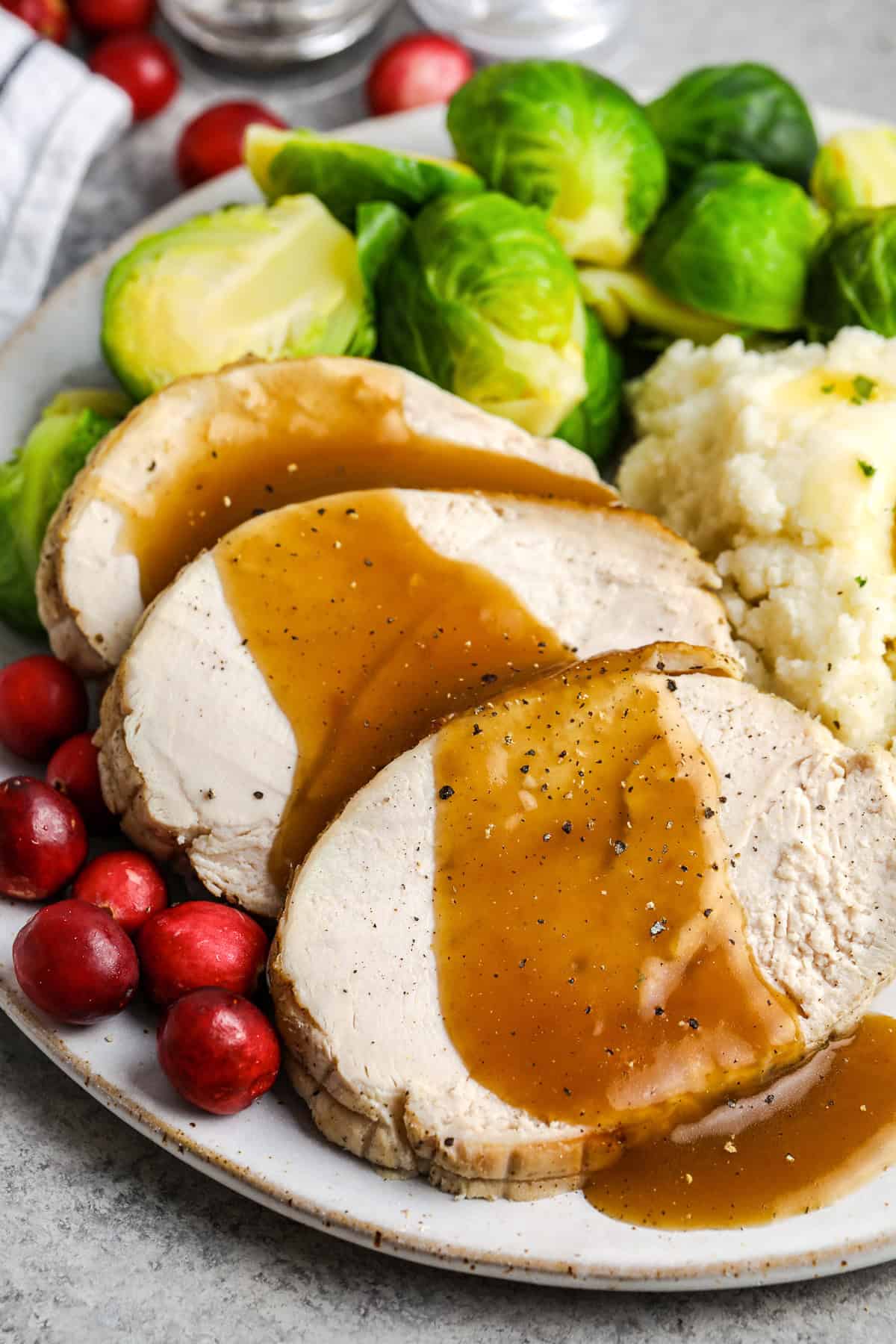 Roast Turkey Breast with brussels and mashed potatoes