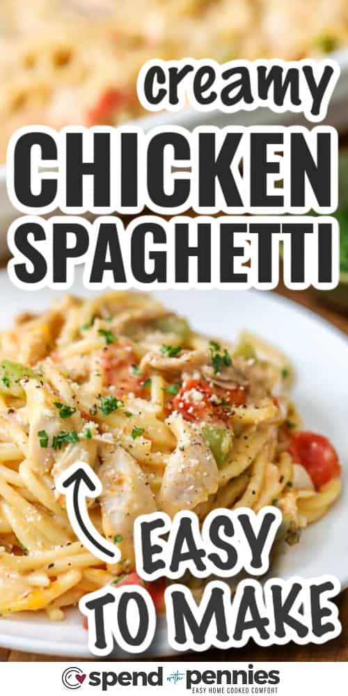 easy to make Chicken Spaghetti on a plate with writing