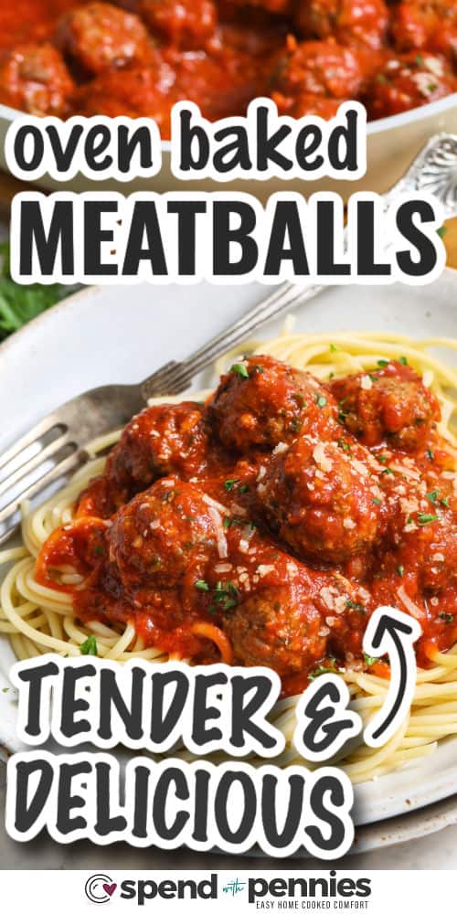 tender Easy Meatball Recipe on a plate with spaghetti and sauce with writing