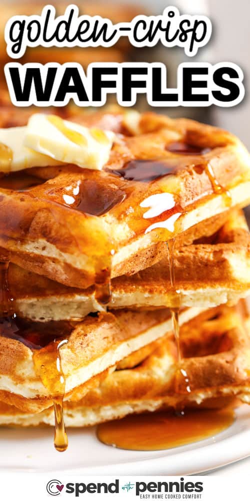 golden crisp Homemade Waffle Recipe, with a plate and a title