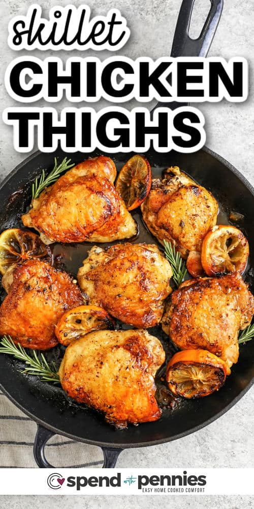 lemon Skillet Chicken Thighs in the pan with a title